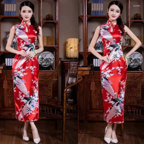 Ethnische Kleidung Roter Pfau ärmelloses chinesisches Kleid für Damen High Split Orientalisches Vestidos Abendpartykleid Mandarinkragen Klassisch