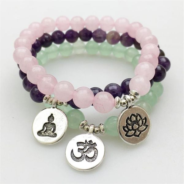 SN1140 Mode Damen Armband Amethyst Grün Aventurin Rosenquarz Mala Armbänder Lotus Ohm Buddha Armband 243e