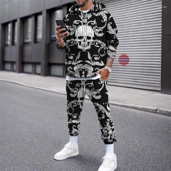 Fatos de treino masculino crânio 3d impresso casual hoodies jogger calças 2pc conjunto terno outono inverno moda tendência masculino treino oversize2599