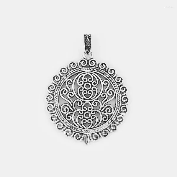 Colares de pingente 2 pcs tibetano prata oco filigrana flor redonda charme para colar jóias fazendo acessórios 65x56mm