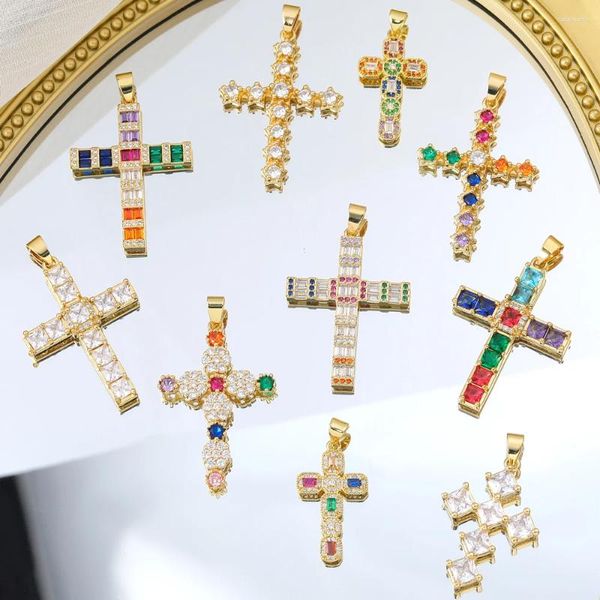 Ожерелья с подвесками Juya, цирконий ручной работы, 18-каратное настоящее золото, христианский католический крест, подвески для изготовления религиозных четок своими руками