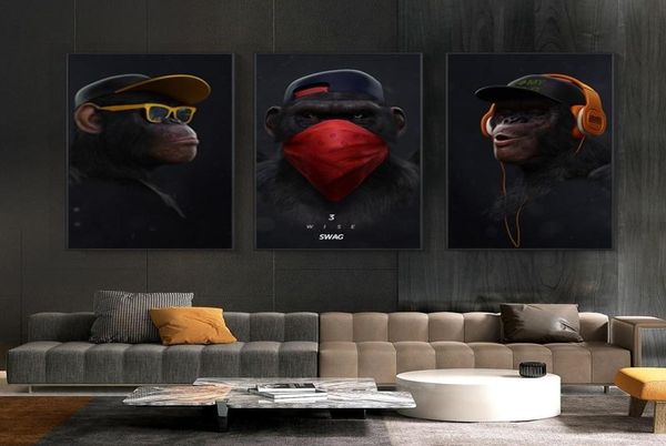 3 панели «Думающая обезьяна с наушниками», настенное искусство, холст, живопись, забавные постеры с животными, принты, настенные картины для гостиной Dec8944580