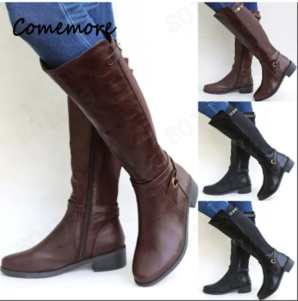 Botas Comemore Mulheres Fivela Long Knight Feminino Combat Boot Baixo Salto Sapatos Plus Size Mulheres Zip Couro Joelho Alto 231025