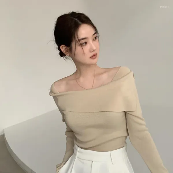 Damenpullover Sueter Mujer Slash Off Shoulder Slim Langarm Gestricktes Hemd Koreanische Mode Y2k Top Pull Femme Pullover T-Shirt Weiß