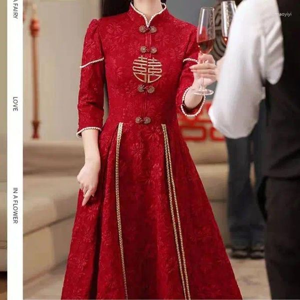 Roupas étnicas Yourqipao Chinês Cheongsam Casamento Brindando Terno 2023 Borgonha Melhorado Xiuhe Saia para Mulheres Vestidos Hanfu de Mangas Compridas