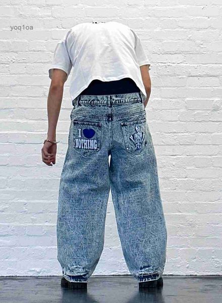 Jeans masculinos Y2k Mens Jeans Hip Hop Crânio Carta Bordado Baggy Jeans Harajuku Straight Low Rise Jeans Streetwear Rasgado Denim CalçasL231026