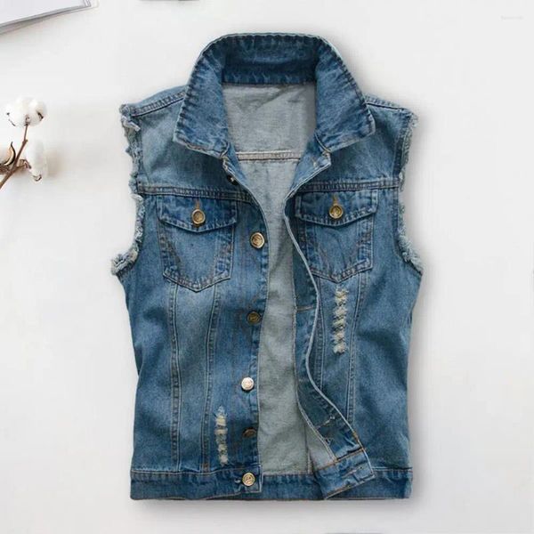 Gilet da uomo Gilet da uomo Giacca Hip Hop Streetwear Gilet senza maniche strappato in denim con per l'estate