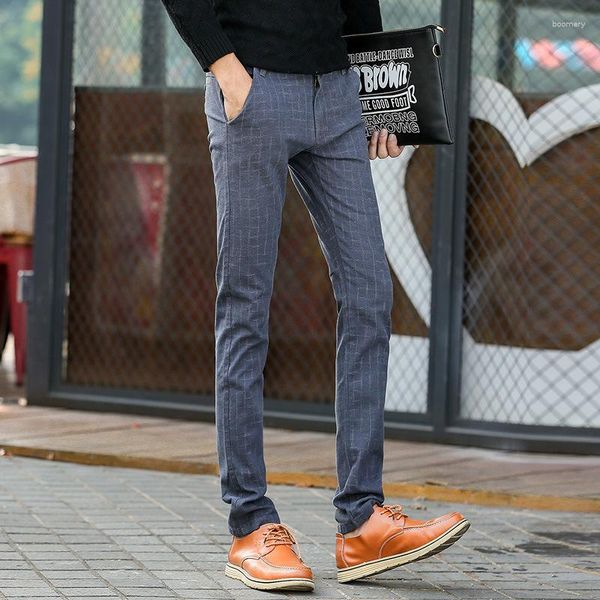 Men's Pants Male Fashion Smart Casual Plaid Slim Fit UK Style Mid Waist Full Length Cotton Linen Straight For Men