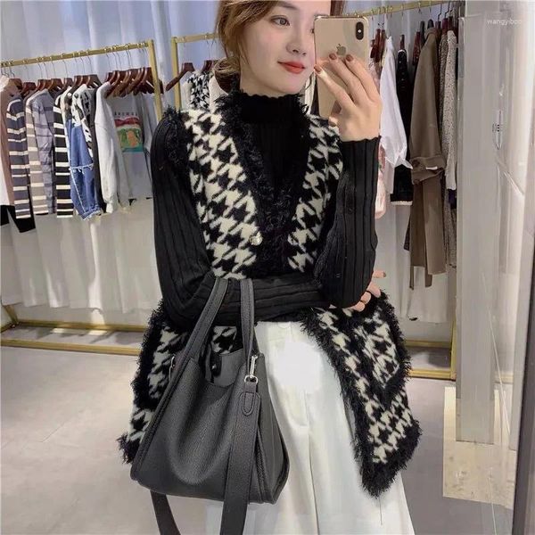 Coletes femininas de luxo mulheres bolso colete S-4XL casaco de lã senhoras outono inverno sem mangas houndstooth jaqueta moda xadrez cardigan colete