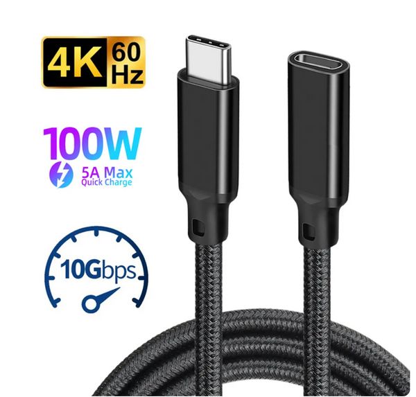 Typ-C-Verlängerungskabel, Stecker auf Buchse, USB C, USB 3.2 Gen2, 10 Gbit/s, 100 W, Schnelllade-Verlängerungskabel