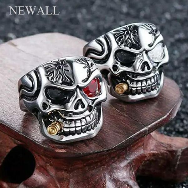 stalen schedel rood wit kristal ogen mannen punk ring sieraden kwaliteit mode vinger ring sieraden251C