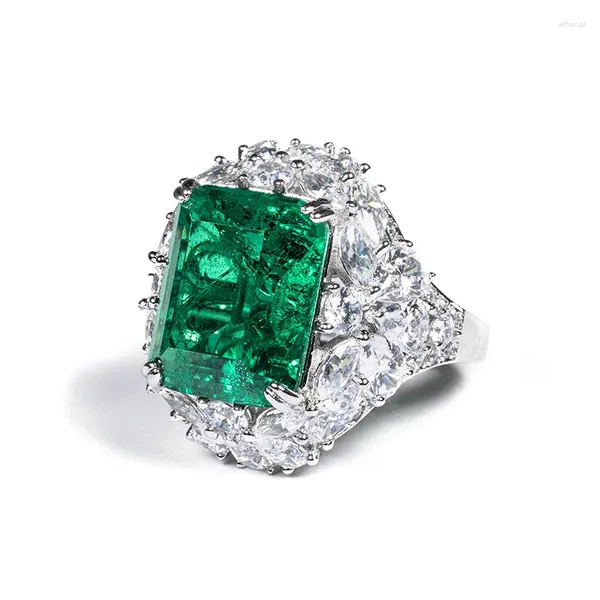 Anelli a grappolo Lind Luxury Flower Argento sterling 925 Grande rettangolo Pietra verde Diamante ad alto tenore di carbonio creato gioielli con smeraldi