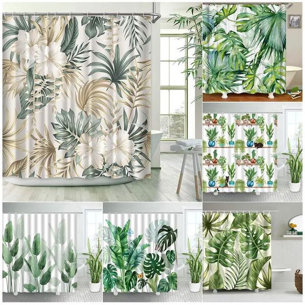 Cortinas de chuveiro plantas tropicais florais cortinas de chuveiro bege verde folhas de palmeira flores decoração nórdica banheiro tecido de poliéster conjuntos de cortina de banho 231025