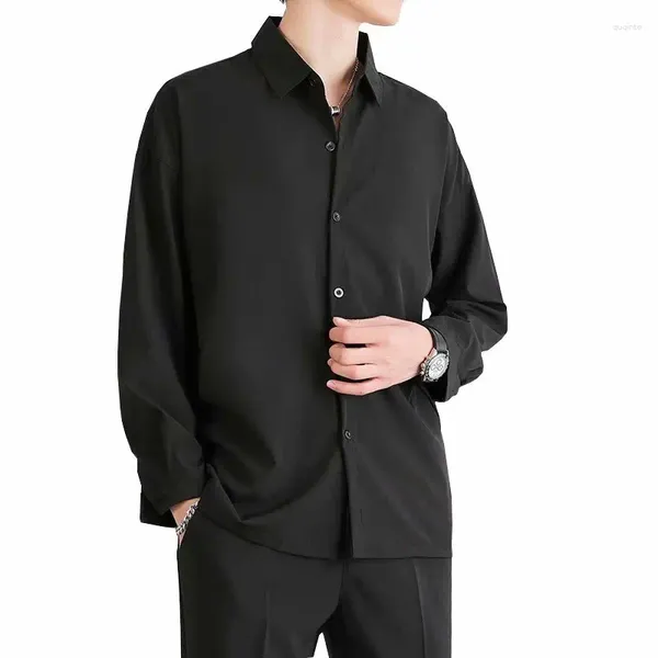 Camisas casuais masculinas homens negros de mangas compridas blusas confortáveis coreanas soltas camisa de peito único com gravata para