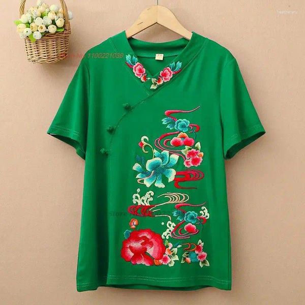 Etnische kleding 2023 Chinees traditioneel shirt Nationaal bloemenborduurwerk V-hals Oosterse vintage Hanfu Top Tang Suit T-shirt