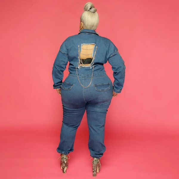 Calça feminina plus size jean macacão sem costas corrente decote em v roupa feminina botão denim 2023 primavera rasgado lápis calça 231025