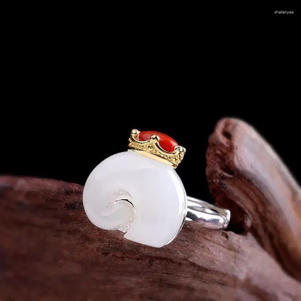 Anéis de cluster Design original artesanal moda 925 prata esterlina ornamento feminino elefante hetian jade coroa anel