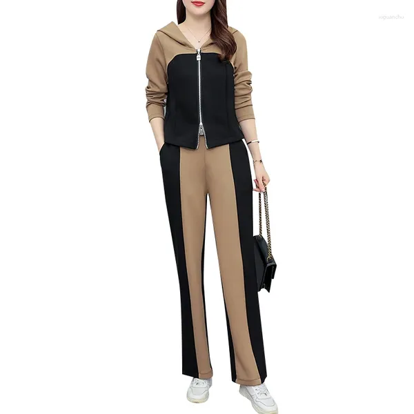 Pantaloni da due pezzi da donna in cotone da donna, abbinamenti di colori casual, set da due pezzi, giacca autunno-inverno, top e pantaloni a gamba larga, taglia grande, rosso