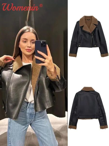 Women's Leather Faux Leather Winter Thick Short Leather Woman Clothing High Waist Long Sleeve Cropped Tops Women's Jacket Warm Cardigan Jackets for Women 231026