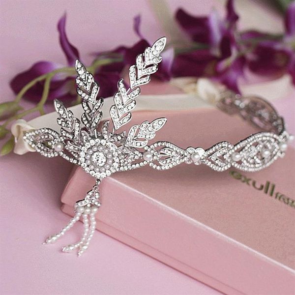 1920er Jahre Vintage Haarschmuck Perlen Kristall Krone New Great Gatsby Kopfschmuck Schmuck Hochzeit Braut Blatt Stirnband mit Band265F