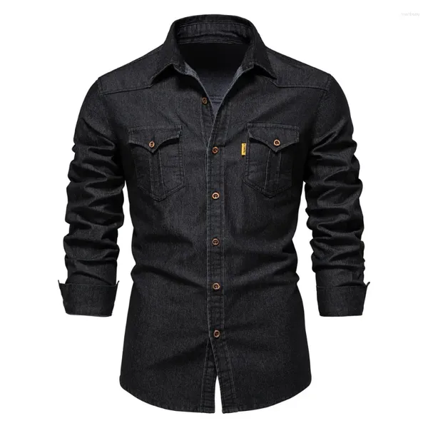 Camisas casuais masculinas 2023 primavera denim homens manga longa algodão cowboy mans moda cor sólida slim fit jeans camisa para