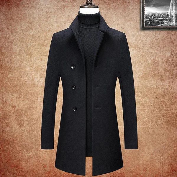 Trench da uomo Casual Autunno Inverno 47% Misto lana Colore nero Giacca a vento Medio-lungo Top spesso caldo Giacca Soprabito Capispalla