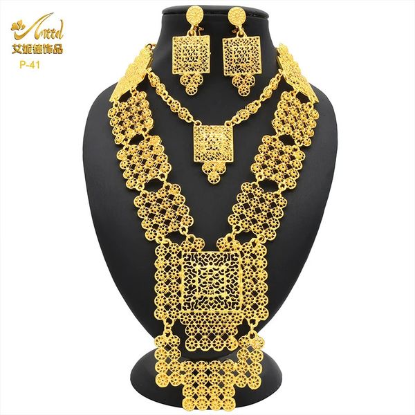 Conjuntos de jóias de casamento Aniid Africano 24k banhado a ouro Dubai colar brincos para mulheres nigeriano indiano nupcial 2pcs conjunto presentes de festa 231025