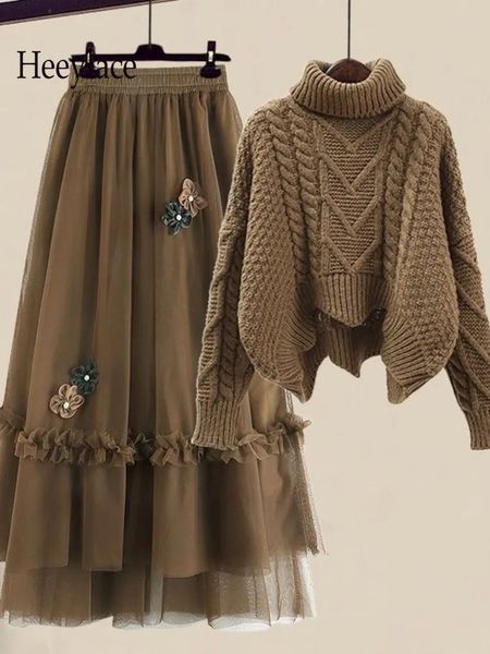 Vestido de duas peças outono inverno vintage dois conjuntos de peças mulheres roupa senhoras quente grosso torção gola alta de malha suéter saia conjunto roupas femininas 231026