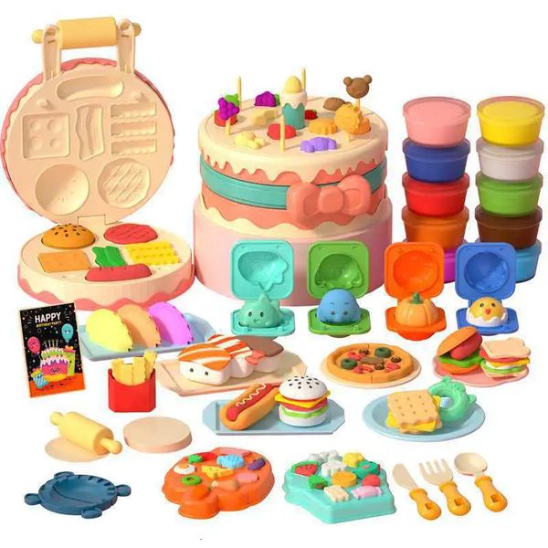 Modellazione di pasta di argilla PUXIDA Cucina Torta di compleanno creativa Gioca a macchina per impastare Giocattoli Strumento di plastilina Fai finta di giocattoli Set Colore Fango Stampo Argilla Regalo per bambini 231026