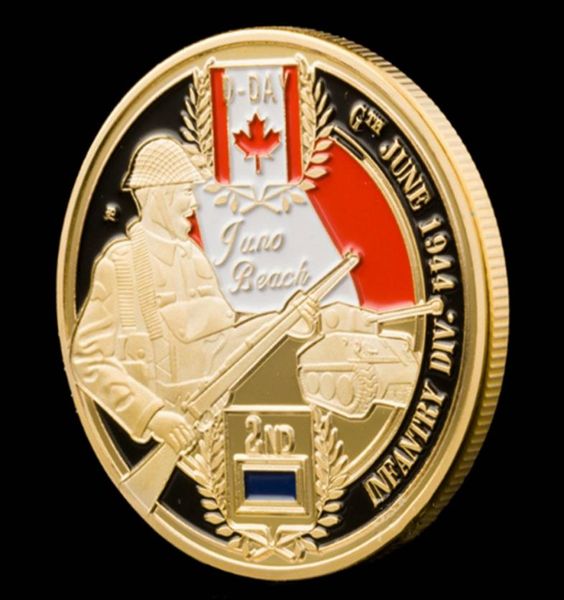 Dia não magnéticoNormandia Juno Beach Artesanato Militar Canadense 2ª Divisão Banhado a Ouro 1oz Comemoração Moeda Colecionável2430471