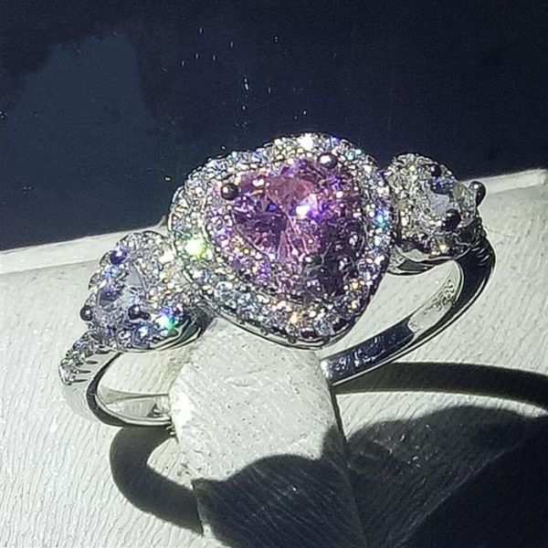 Anillo de promesa en forma de corazón 100% Real Soild 925 Joyería de plata esterlina Rosa Zafiro CZ Anillos de boda de compromiso de diamantes para wo235k