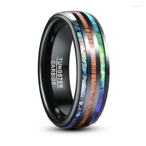 Alyanslar 8mm Elektrikli Siyah Kakma Abalone Kabuk Ahşap Kubbe Tungsten Karbür Erkekler Mariage Takı için Bohemya Nişan