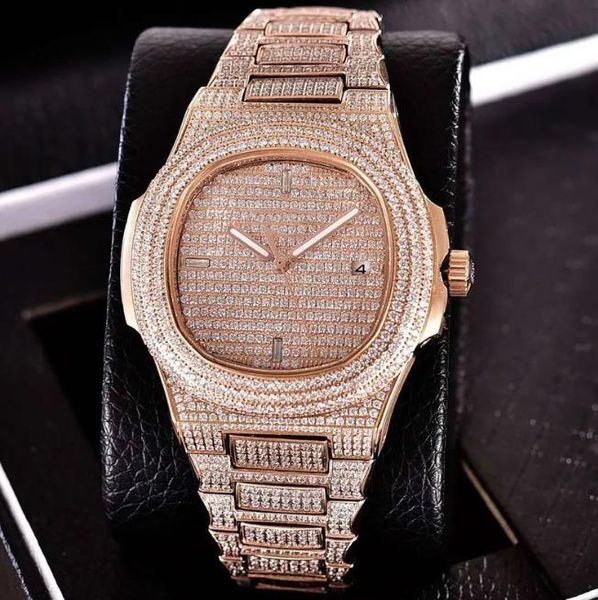 Vollständige Iced Out-Uhr, CZ-Diamant-PP-Uhr, luxuriöse Herren-Armbanduhr mit Roségoldgehäuse und Diamanten, eta mechanisches Uhrwerk, wasserdichte Armbanduhren