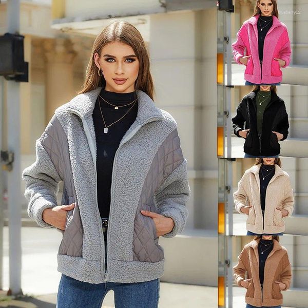 Jaquetas femininas 2023 outono e inverno moda manga comprida cardigan zíper plush splice casaco