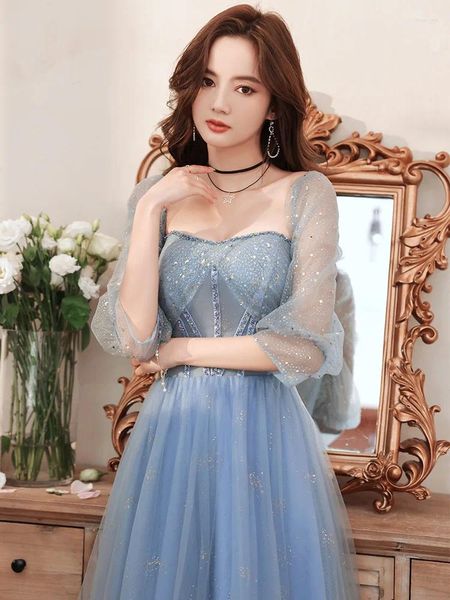 Abbigliamento etnico Donna Fata Abiti da sera lunghi in tulle a trapezio Elegante abito da festa con scollo quadrato 2023 Blu squisite paillettes Abiti formali da ballo