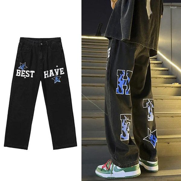 Männer Jeans Y2k Hip Hop Brief Gedruckt Schwarze Hosen Männer Frauen 2023 Mode Lässig Breiten Fuß Baggy Hosen Streetwear Vintage