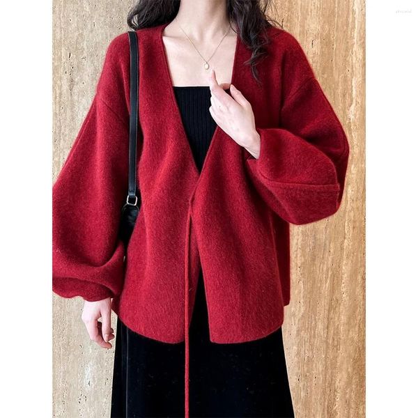 Maglioni da donna Cardigan lavorato a maglia con maniche a lanterna in vita con lacci Cappotto maglione avvolgente rosso bianco