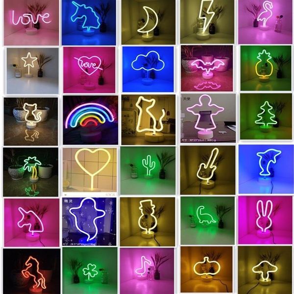 Neon Sign USB LED Decorazione Unicorn Flamingo Lamp Moon Rainbow Per la casa Kid Room Comodino Night Light Luce al neon con base261T