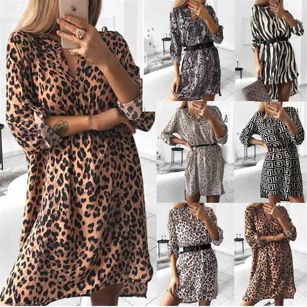 Women Dress Without Belt Labyrinth Snake Leopard Striped Print V Neck Casual S- XL Spring Long Sleeve Europen American Fashion Clo291S