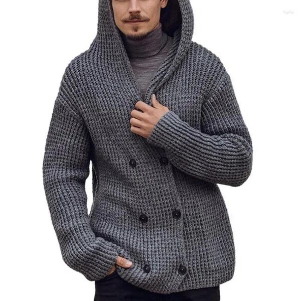 Jaquetas masculinas homens jaqueta outono inverno duplo breasted cardigan com capuz camisola cor sólida manga longa de malha masculina tops