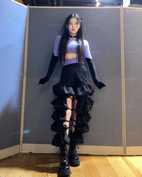 Zweiteilige Damenhose Kpop Korea Celebrity Women Black Hollow Festival Kleidung Rave Jazz Dancewear Tänzer Outfit Konzert Outfits Bühne