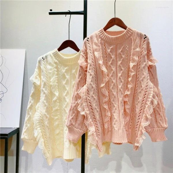 Damenpullover Süße rosa Pullover Frauen Spitze Rüschen aushöhlen Pullover Frühling Herbst Pullover koreanische Mode lose Strickoberteil Jersey Mujer