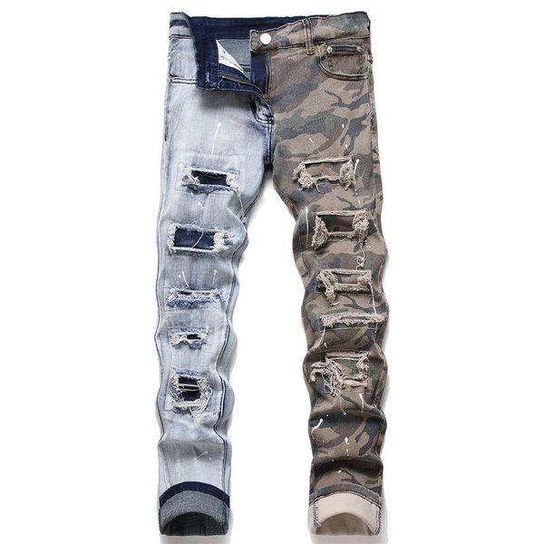 Jeans maschi badge strappi allungare la moda viola maschile slim fit motociclo di denim pantaloni pannelli pannelli pannelli hip hop più stili tcmwt