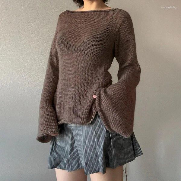 Maglioni da donna Pullover lavorato a maglia Donna Top sexy solidi Cravatta senza schienale Fiocco con spalle scoperte Maniche lunghe Autunno Vintage