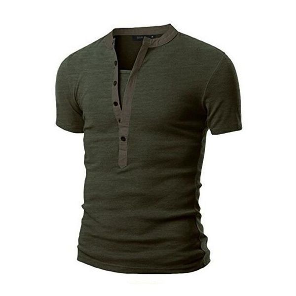 Camicia da uomo con scollo a V e bottoni. T-shirt casual slim fit a maniche corte tinta unita verde militare nero top magliette230H