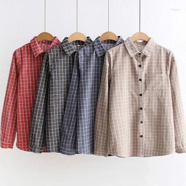 Frauen Blusen Hemd 2023 Plaid Frauen Baumwolle Casual Langarm Tops Büro Damen Karierte Kleidung Khaki Rot Schwarz