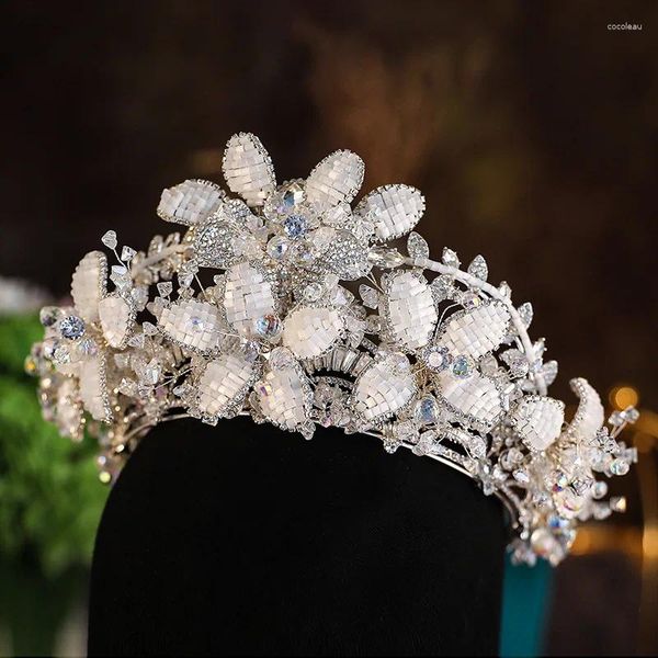 Haarspangen Handgefertigte Hochzeit Tiara Kristall Perlen Luxus Brautkrone Weiße Blume Diadem Tiaras Stirnband Zubehör Kopfschmuck