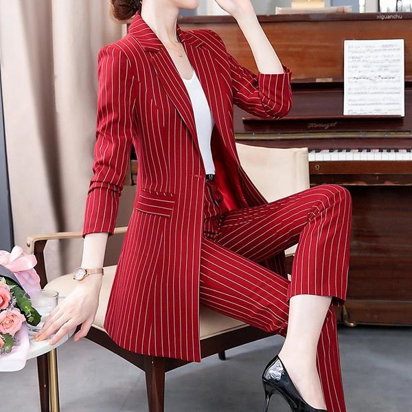 Calças femininas de duas peças outono escritório senhoras pantsuit listrado negócios clássico longo blazer e lápis calça define ternos formais