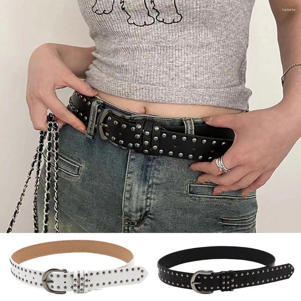 Gürtel PU-Leder-Nietenbund mit Metall-Dornschnalle für Damen-Jeans-Kleid, dekorativer breiter Gürtel, ganz passend, schwarz-weißer Hüftgurt