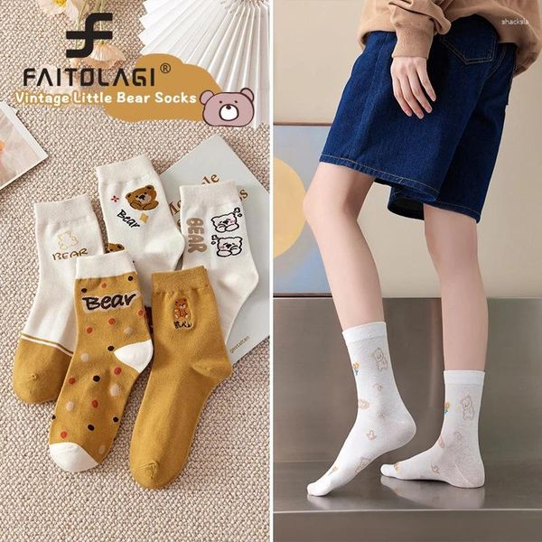 Meias femininas 5 pares outono algodão longo urso dos desenhos animados tubo médio harajuku menina meias engraçado sokken sox calcetines mujer